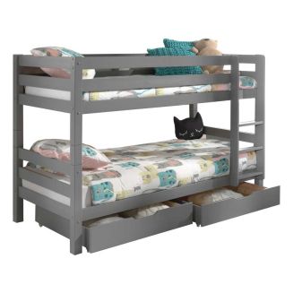 SLEEPY - Lit Superposé H140 Laqué Gris 90x200cm avec 2 Tiroirs