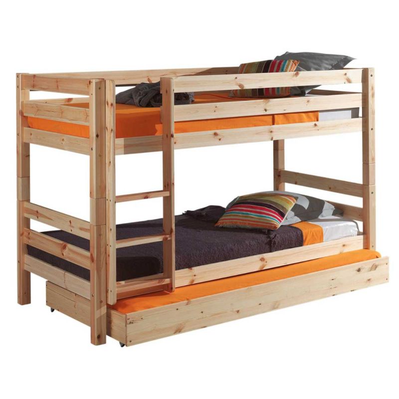 SLEEPY - Lit Superposé H140 en Pin Naturel 90x200cm avec Lit-Tiroir