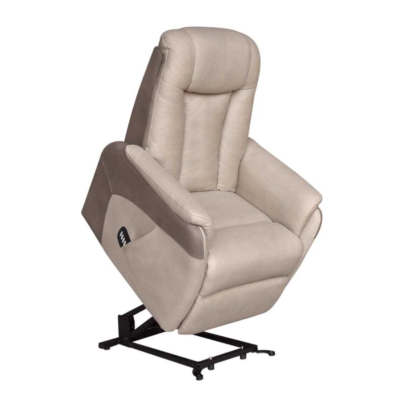 Fauteuil relax électrique releveur bi-moteur tissu micro peau mastic et brun taupe - NEDIA