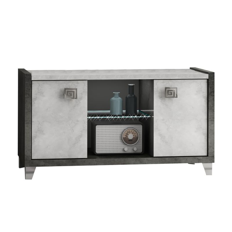 HOFFMAN - Meuble TV 2 Portes 105cm Gris Aspect Pierre avec Led
