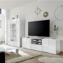 REBECCA - Meuble TV 181 cm Finition Blanc Laqué Weiss Relief Damiers et Leds