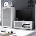 OTELLO - Meuble TV 1 Portes 2 Niches Finition Blanc Laqué et Aspect Béton avec Leds