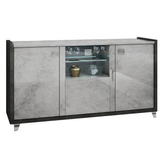 HOFFMAN - Buffet 3 Portes Gris Aspect Pierre avec Led