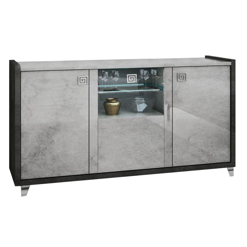 HOFFMAN - Buffet 3 Portes Gris Aspect Pierre avec Led