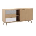 BORGH - Buffet 165cm 2 Portes 3 Tiroirs Scandinave Pin Massif Gris, Blanc et Effet Chêne