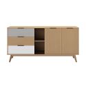BORGH - Buffet 165cm 2 Portes 3 Tiroirs Scandinave Pin Massif Gris, Blanc et Effet Chêne