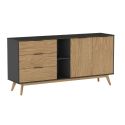 VIKOV - Buffet 165cm 2 Portes 3 Tiroirs Scandinave en Pin Massif Ciré