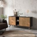 VIKOV - Buffet 165cm 2 Portes 3 Tiroirs Scandinave en Pin Massif Ciré