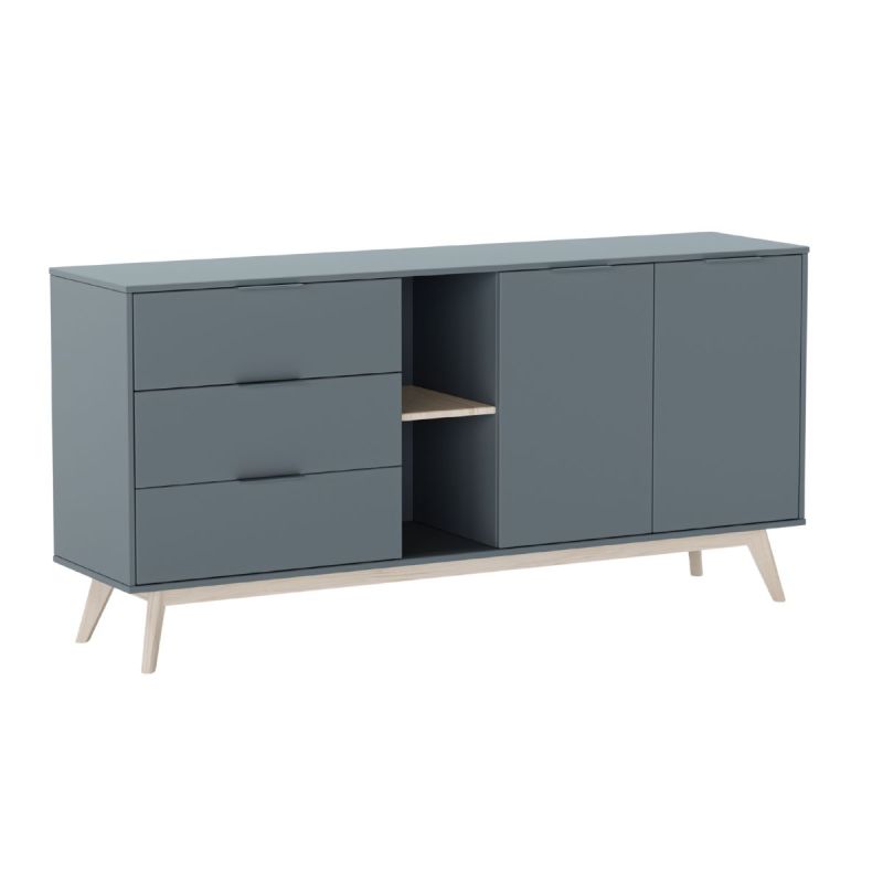 CANACA - Buffet 165cm 2 Portes 3 Tiroirs Scandinave MDF et Pin Massif Gris Vert