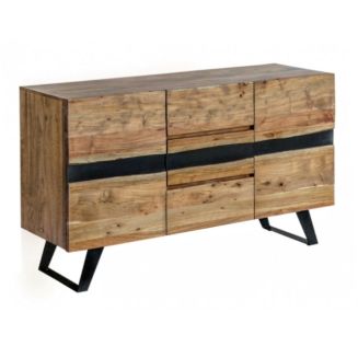 VOLSKA - Buffet 2 Portes 3 Tiroirs en Acacia Massif et Métal Noir