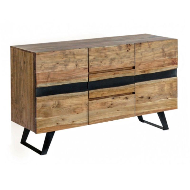 VOLSKA - Buffet 2 Portes 3 Tiroirs en Acacia Massif et Métal Noir