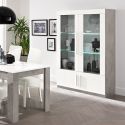 CLARK - Vitrine 4 Portes Laquée Blanc et Marbre Poignées Métal avec Leds