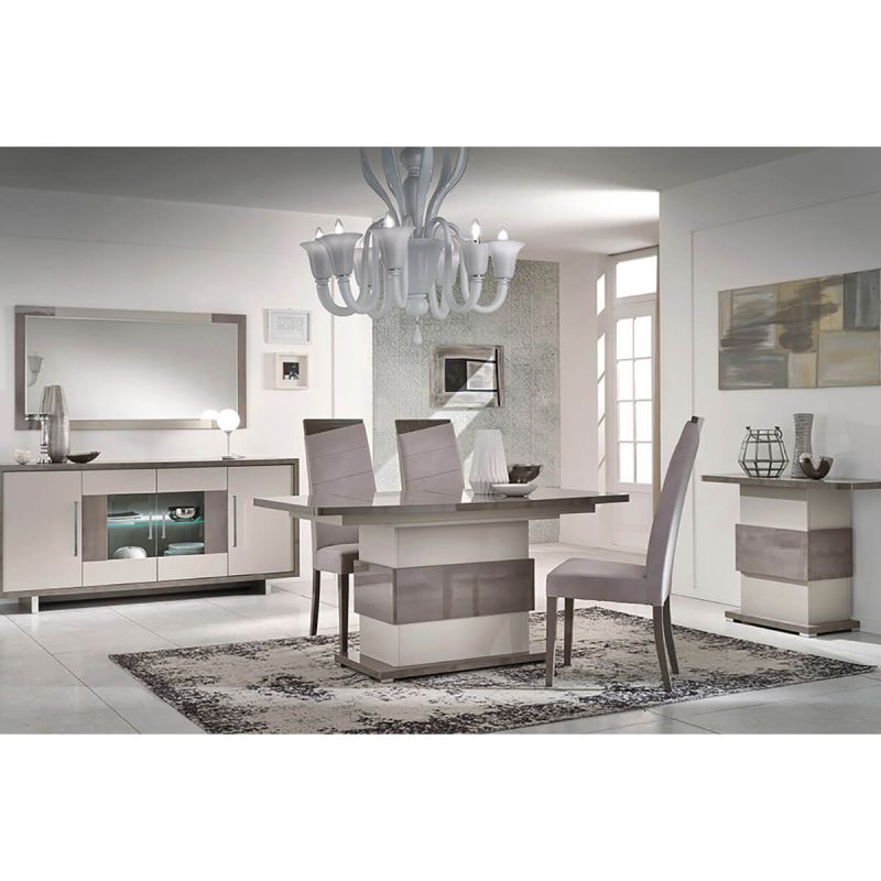 AUXANE - Pack Séjour Table Allongeable + Buffet 4P Led + Console Gris Metallisé et Mat