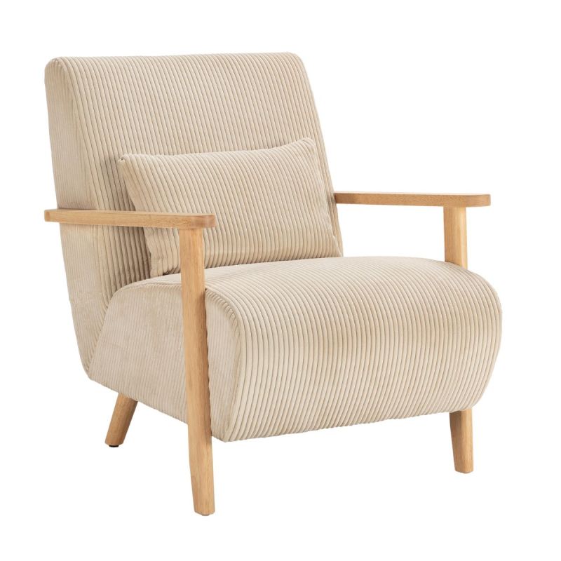 Fauteuil en velours côtelé beige vintage avec accoudoirs et pieds en chêne naturel - BONIFACE