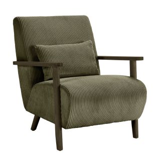 Fauteuil en velours côtelé vert vintage avec accoudoirs et pieds en chêne foncé - BONIFACE