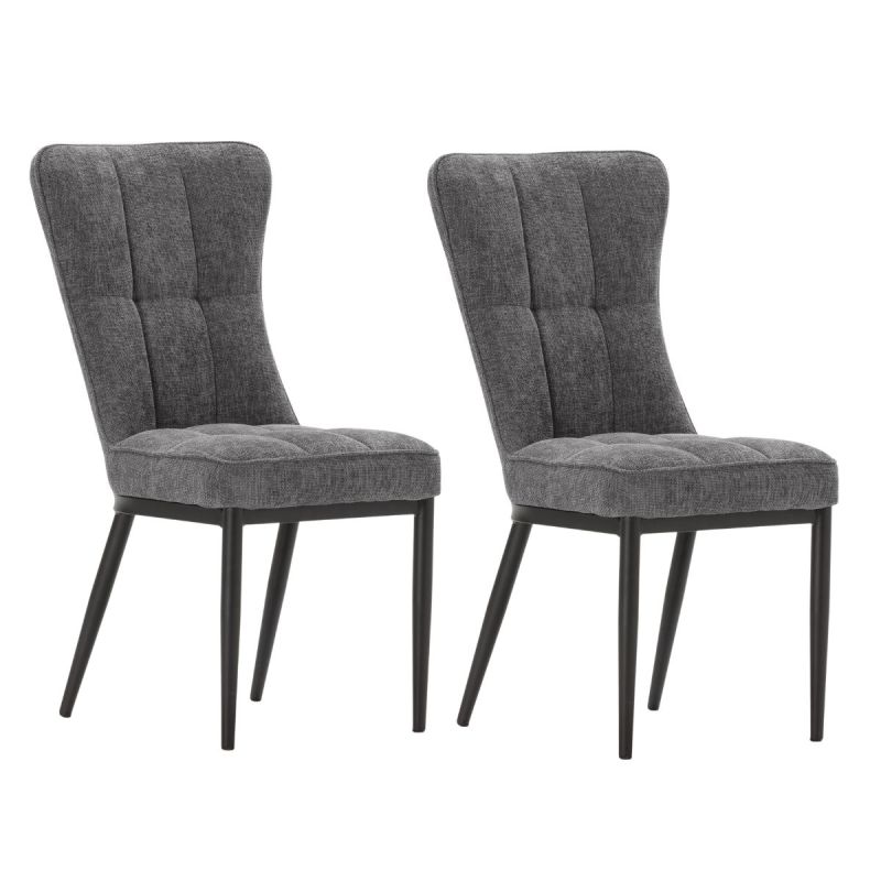 Lot de 2 chaises en tissu polyester doux gris et pieds en métal laqué noir - DAMYAN