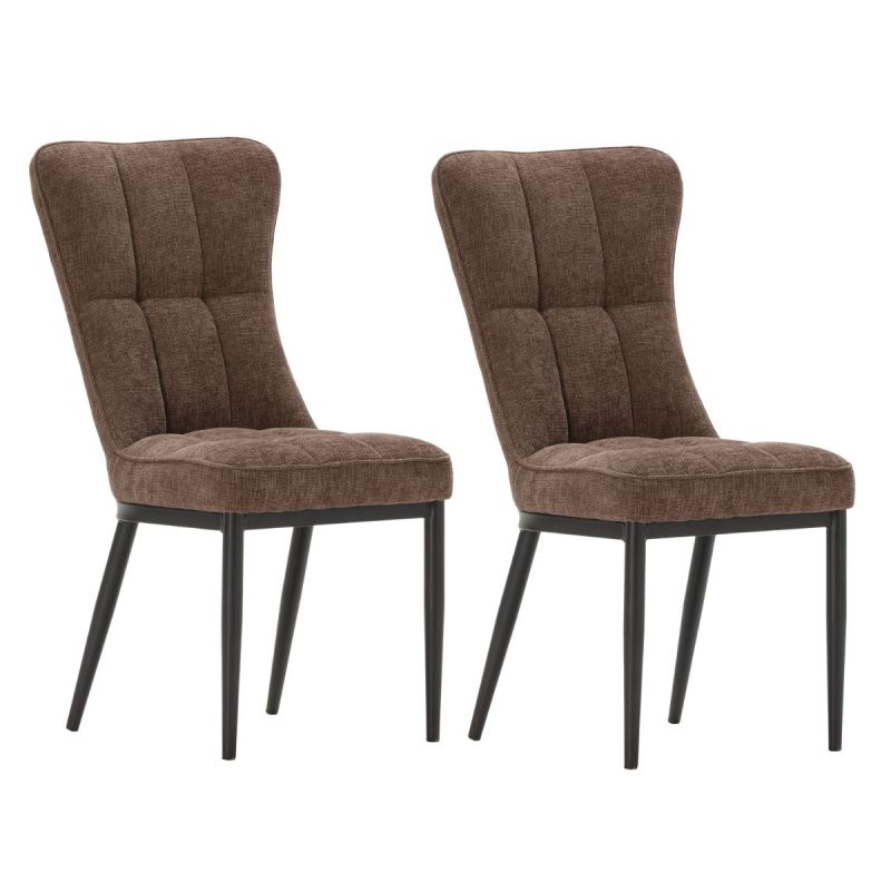 Lot de 2 chaises en tissu polyester doux chocolat et pieds en métal laqué noir - DAMYAN