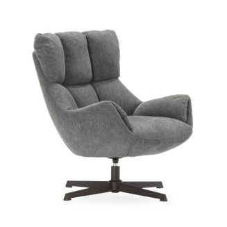 Fauteuil pivotant grand confort en tissu chenillé gris piètement métal laqué noir - LINETTE