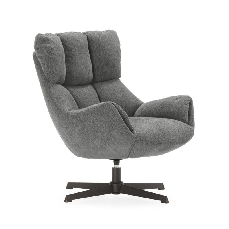 Fauteuil pivotant grand confort en tissu chenillé gris piètement métal laqué noir - LINETTE