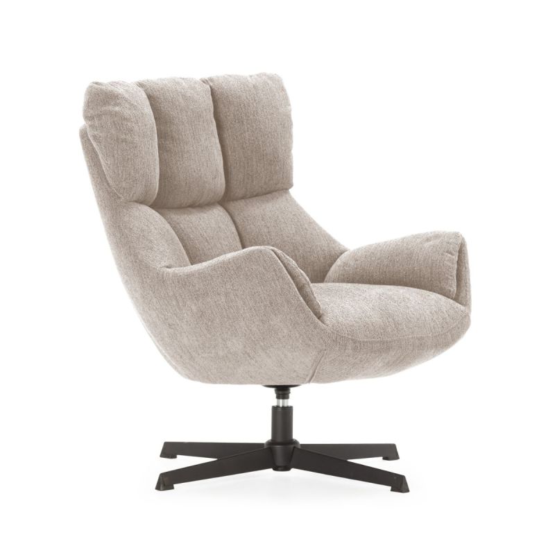 Fauteuil pivotant grand confort en tissu chenillé crème piètement métal laqué noir - LINETTE