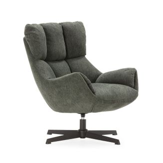 Fauteuil pivotant grand confort en tissu chenillé vert piètement métal laqué noir - LINETTE