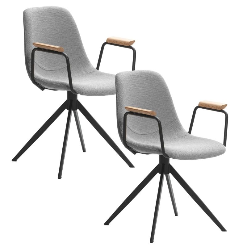 Lot de 2 chaises pivotantes en tissu maillé gris clair avec piètement métal laqué noir et accoudoirs - THALIA