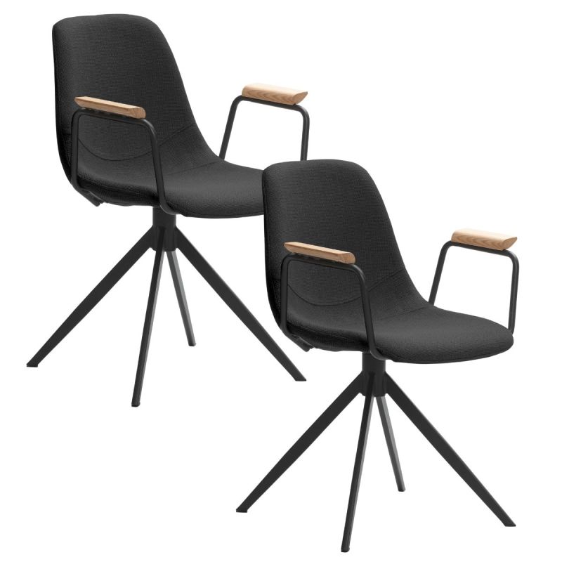 Lot de 2 chaises pivotantes en tissu maillé noir avec piètement métal laqué noir et accoudoirs - THALIA
