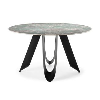 Table de repas design Ø 134 cm avec plateau céramique imitation marbre vert pied métal noir architectural- LEILA