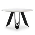 Table de repas design Ø 134 cm avec plateau céramique imitation marbre blanc pied métal noir architectural- LEILA