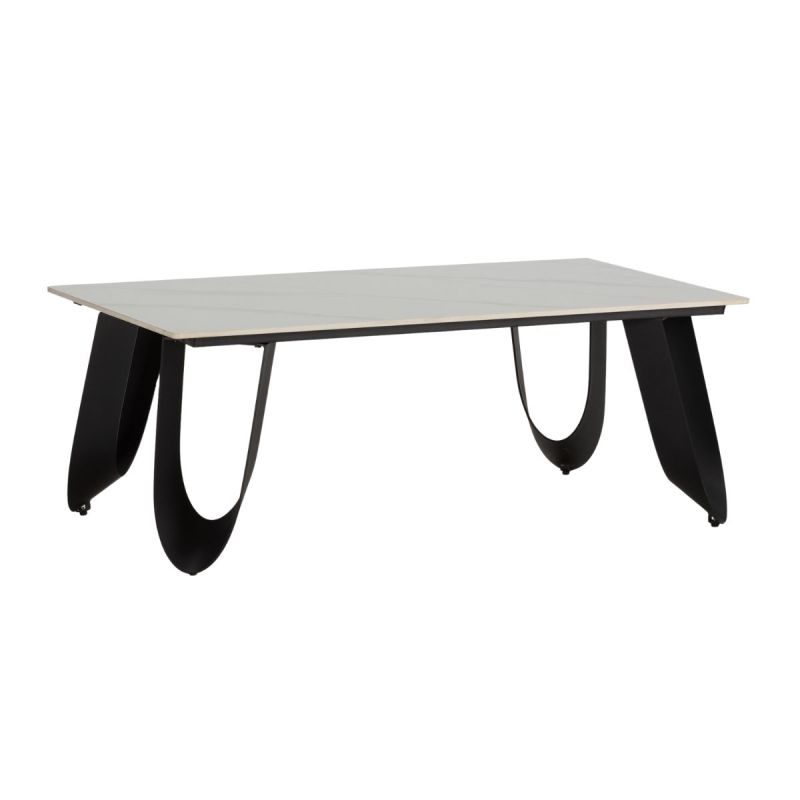 Table basse design rectangulaire avec plateau céramique imitation marbre blanc pied métal noir architectural- LEILA