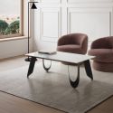 Table basse design rectangulaire avec plateau céramique imitation marbre blanc pied métal noir architectural- LEILA