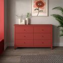 Commode 6 tiroirs en pin massif laqué rouge bordeaux - MYSIA