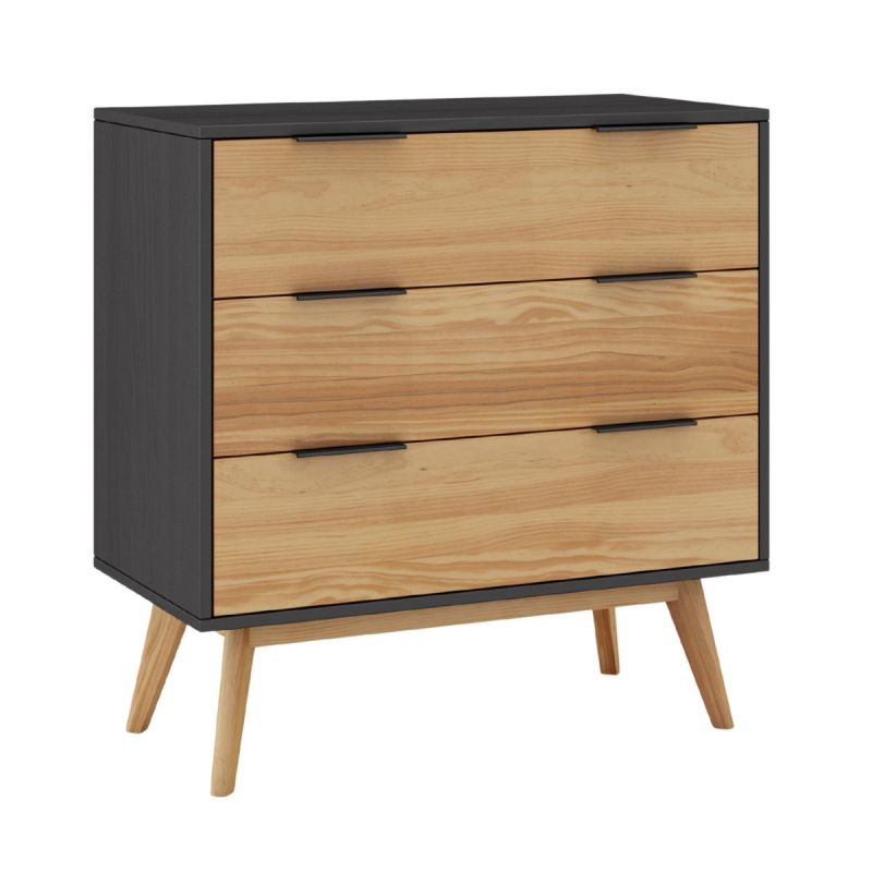 Commode 3 tiroirs en pin massif ciré et teinté noir - VIKOV