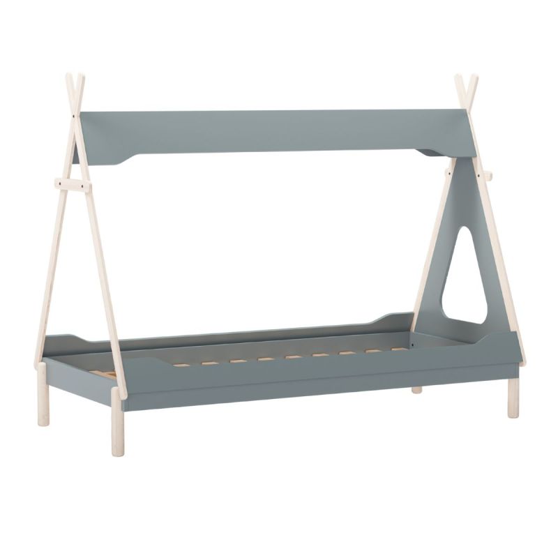 Lit tipi 90x190 en MDF et pin massif laqué vert pétrole et ciré naturel - NOLIAN