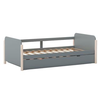 Lit gigogne 90x190 en MDF et pin massif laqué vert kaki pieds en pin naturel - ENORA
