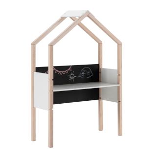 Bureau forme cabane en pin naturel et MDF laqué blanc avec plateau hauteur réglable et tableau ardoise - ROXY