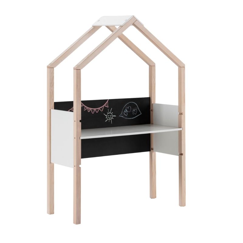 Bureau forme cabane en pin naturel et MDF laqué blanc avec plateau hauteur réglable et tableau ardoise - ROXY
