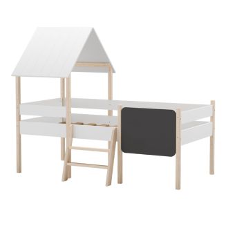 Lit surélevé à barrières 90x190 avec tête de lit cabane en MDF laqué blanc et pin naturel - TYNIE