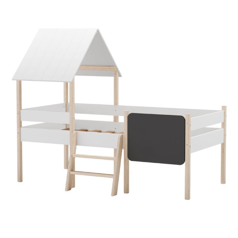 Lit surélevé à barrières 90x190 avec tête de lit cabane en MDF laqué blanc et pin naturel - TYNIE