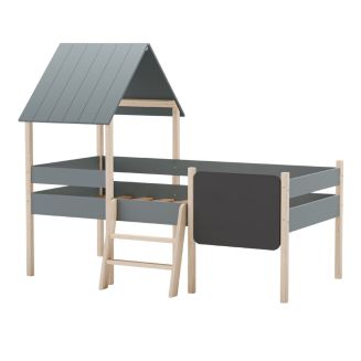 Lit surélevé à barrières 90x190 avec tête de lit cabane en MDF laqué vert kaki et pin naturel - TYNIE