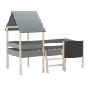 Lit surélevé à barrières 90x190 avec tête de lit cabane en MDF laqué vert kaki et pin naturel - TYNIE