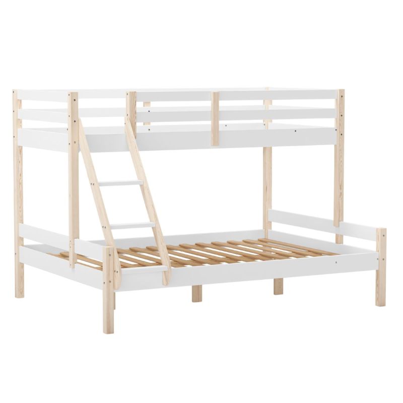 Lit superposé 1 couchage 140x190 et 1 couchage haut 90x190 en MDF laqué blanc et pin naturel - LEVINA