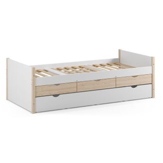 Lit gigogne 90x190 en pin massif et MDF laqué blanc avec rangement 3 tiroirs - VAKLAV