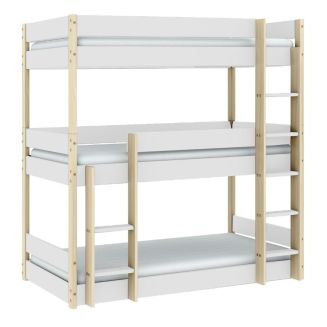 Lit superposé 3 couchages 90x190 en MDF laqué blanc et pin naturel - SOMIS