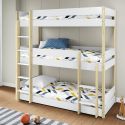 Lit superposé 3 couchages 90x190 en MDF laqué blanc et pin naturel - SOMIS