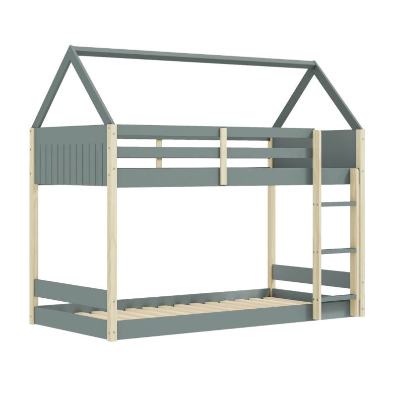 Lit superposé avec premier couchage au sol 90x190 en MDF laqué vert kaki et pin naturel - LILAS