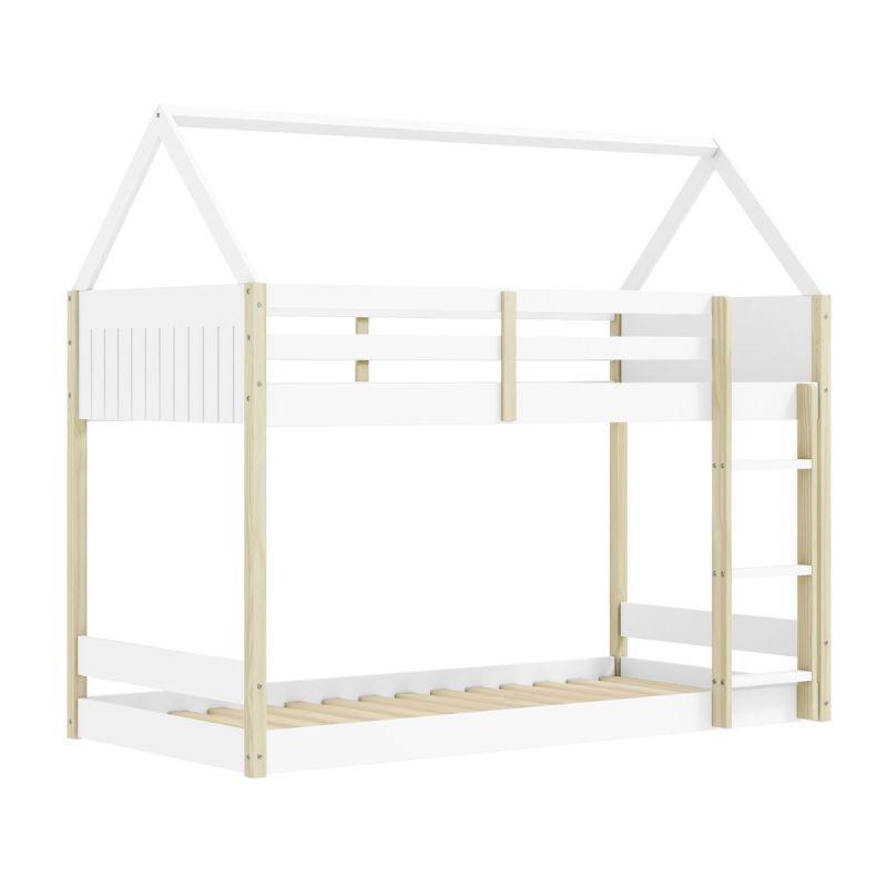 Lit superposé avec premier couchage au sol 90x190 en MDF laqué blanc et pin naturel - LILAS