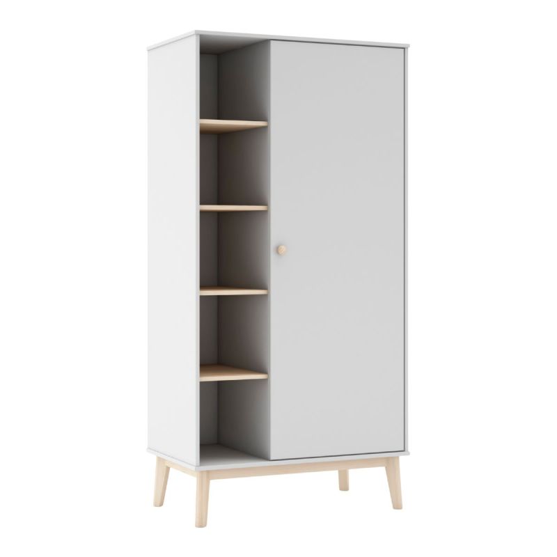 Penderie 1 porte et 4 niches en pin massif et MDF laqué blanc et naturel - KAINA