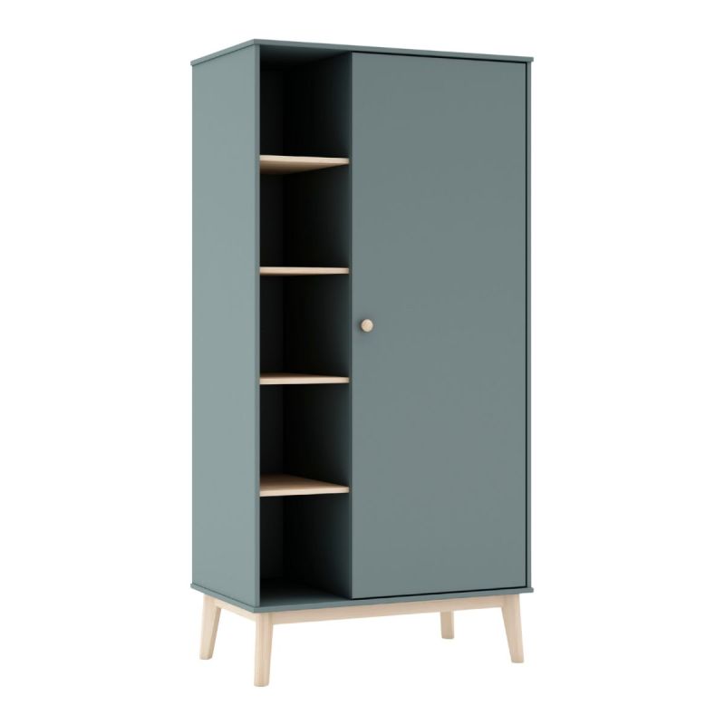 Penderie 1 porte et 4 niches en pin massif et MDF laqué vert kaki et naturel - KAINA