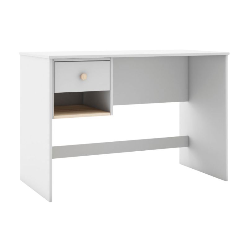 Bureau 1 tiroir et 1 niche en pin massif et MDF laqué blanc et naturel - KAINA